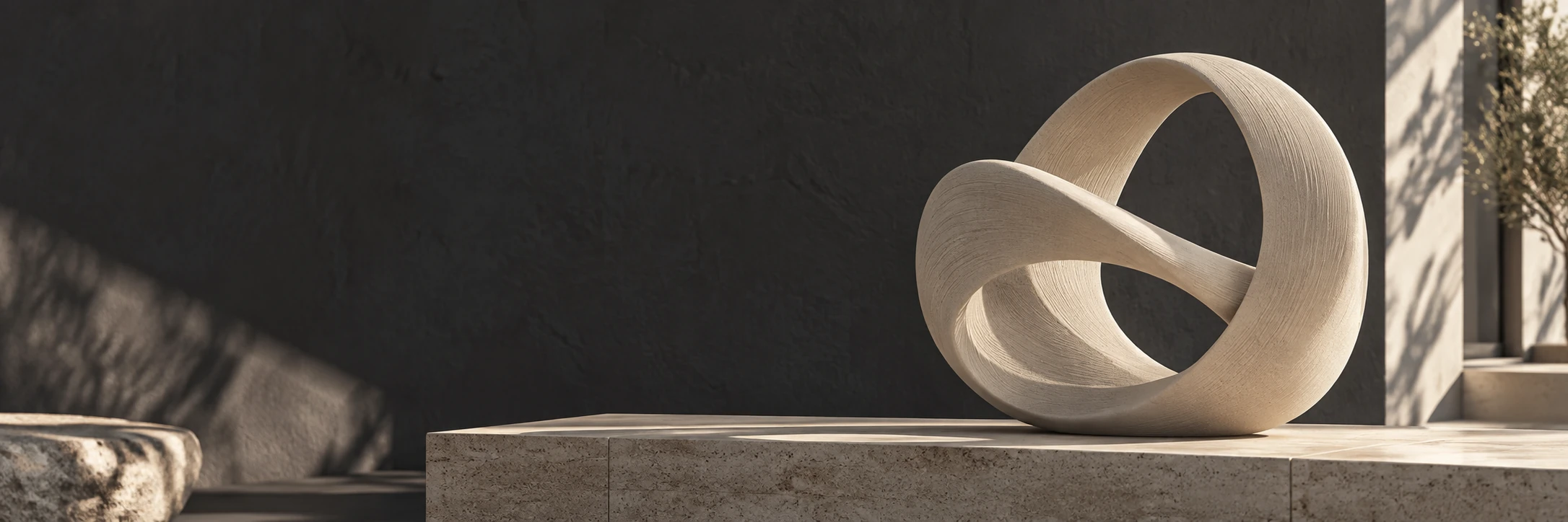 A sand-colored loop sculpture in an architectural interior.