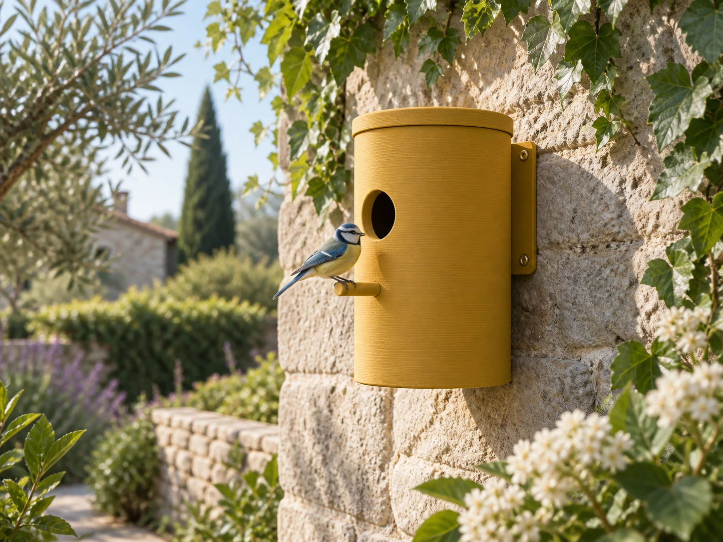 An ochre birdhouse with a welcoming round entrance.