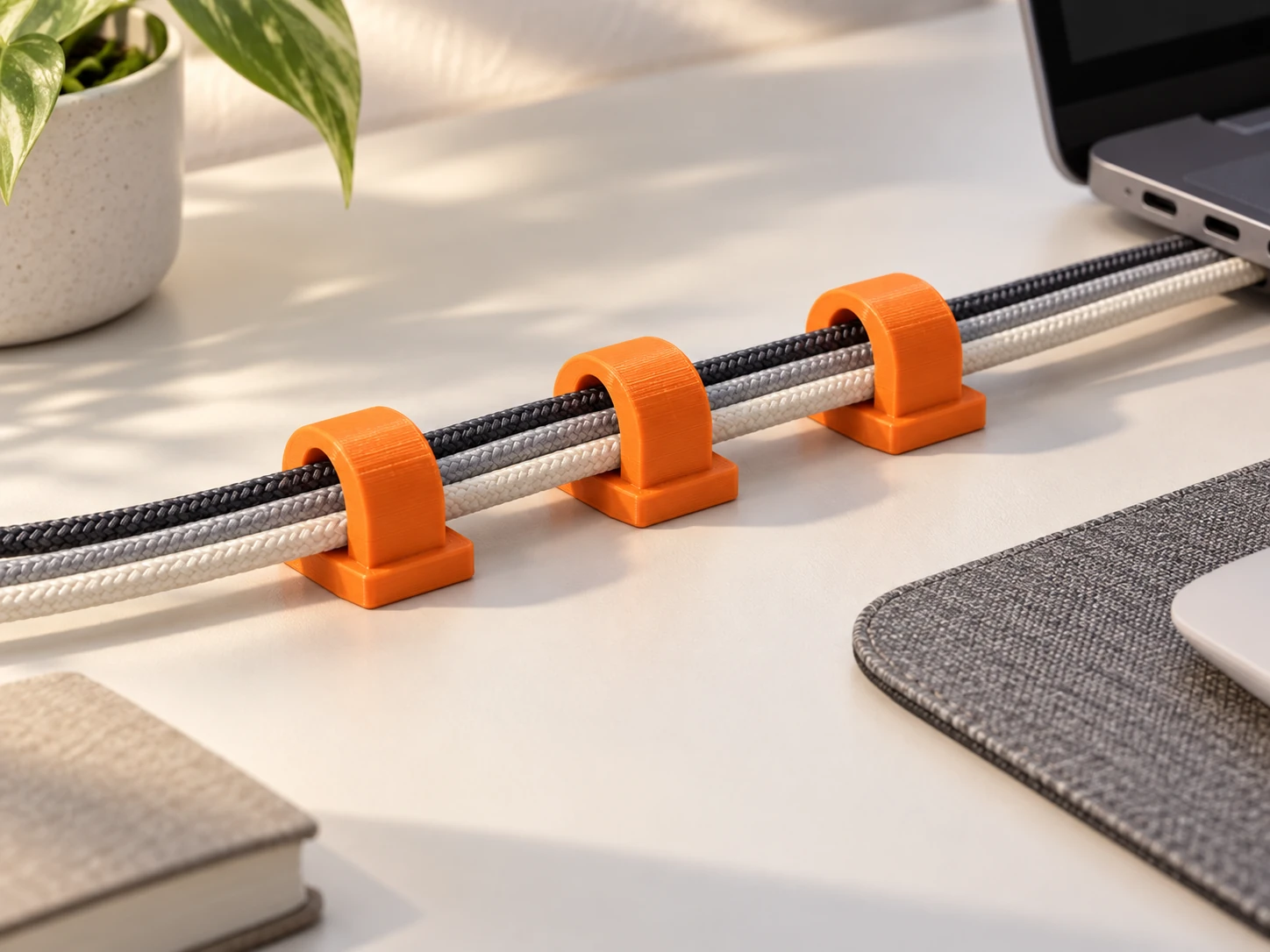 Orange clips for a calmer cable setup.