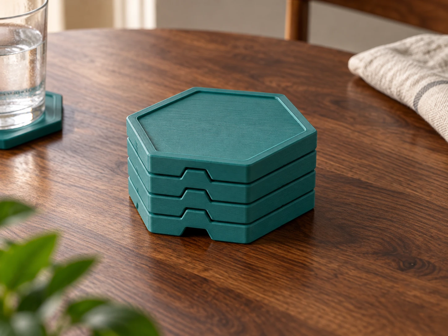Teal hexagonal coasters that stack neatly.