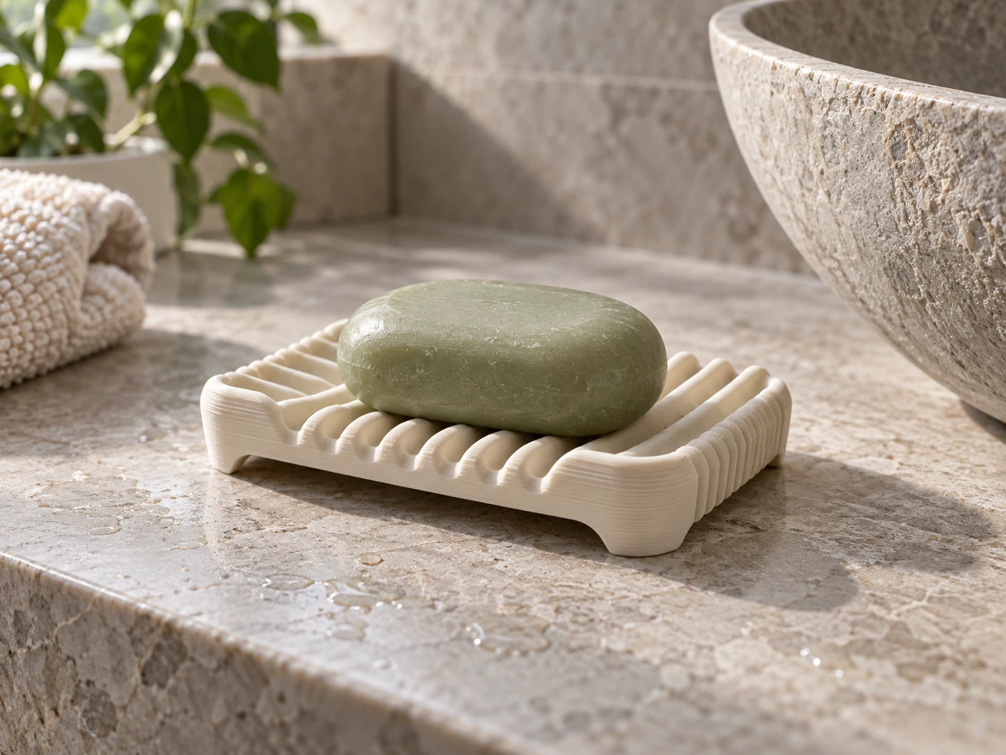 A cream draining dish with sculpted ridges.