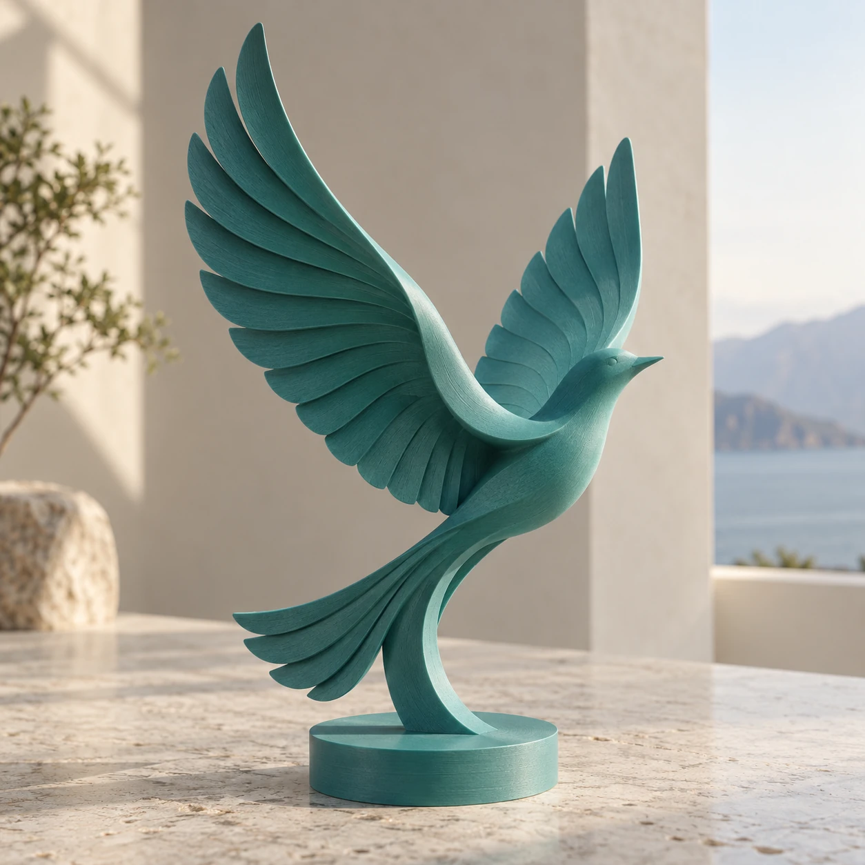 A teal bird with sweeping wings.