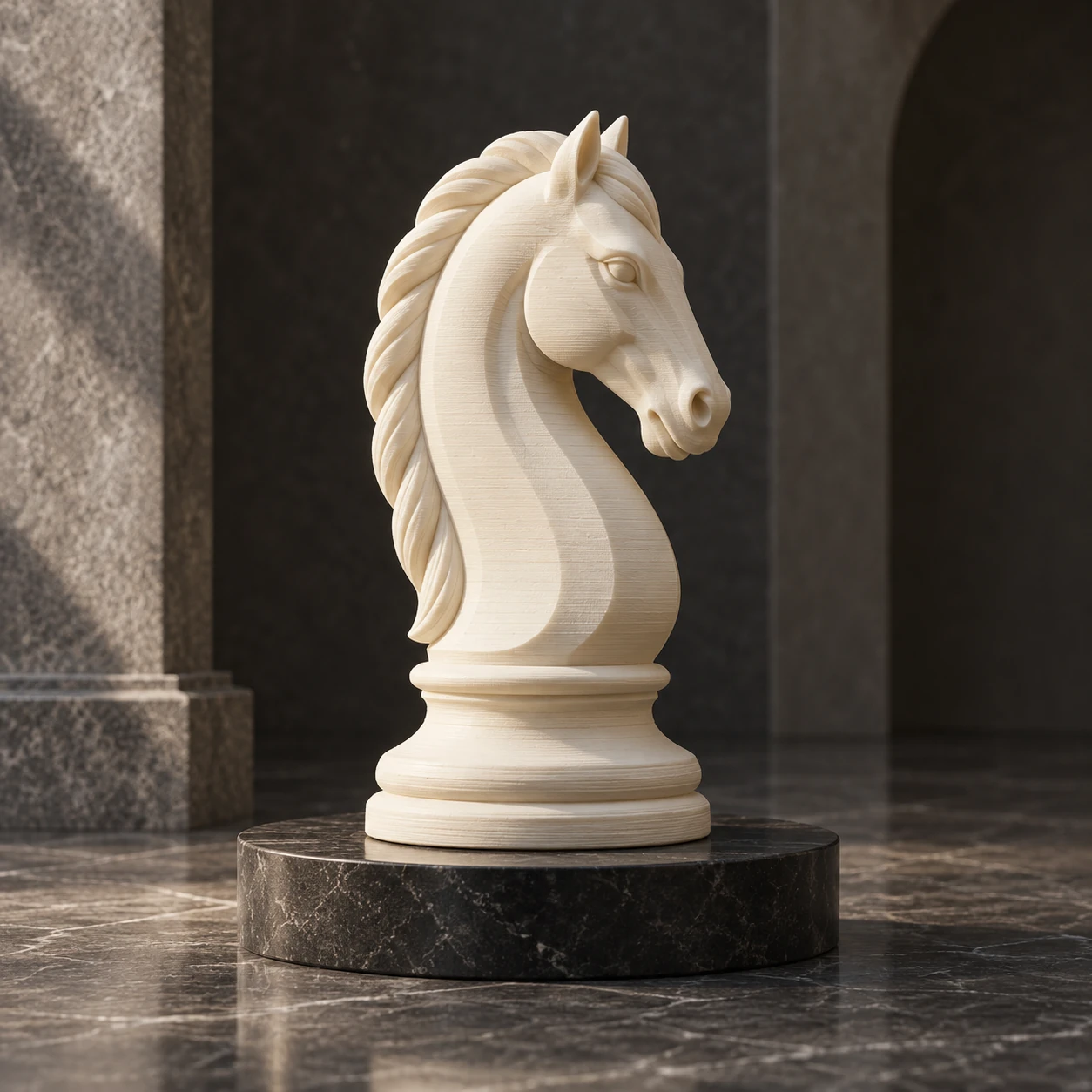 An ivory sculptural chess knight.