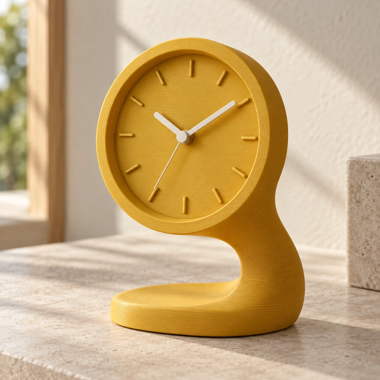 A mustard sculptural desk clock.