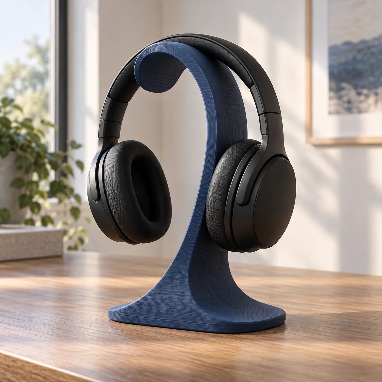 A navy sculptural headphone stand.