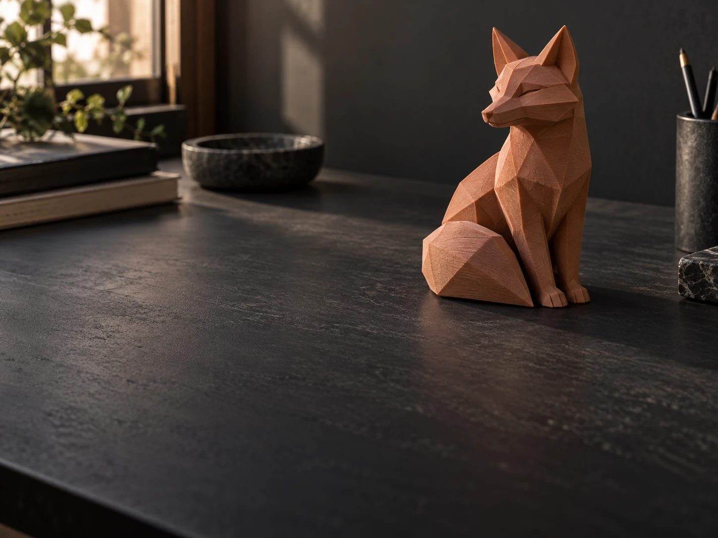 A geometric terracotta fox on a maker desk.